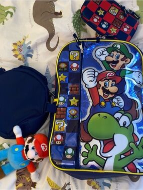 Super mario backpack lunch box gadget case plush bundle New
